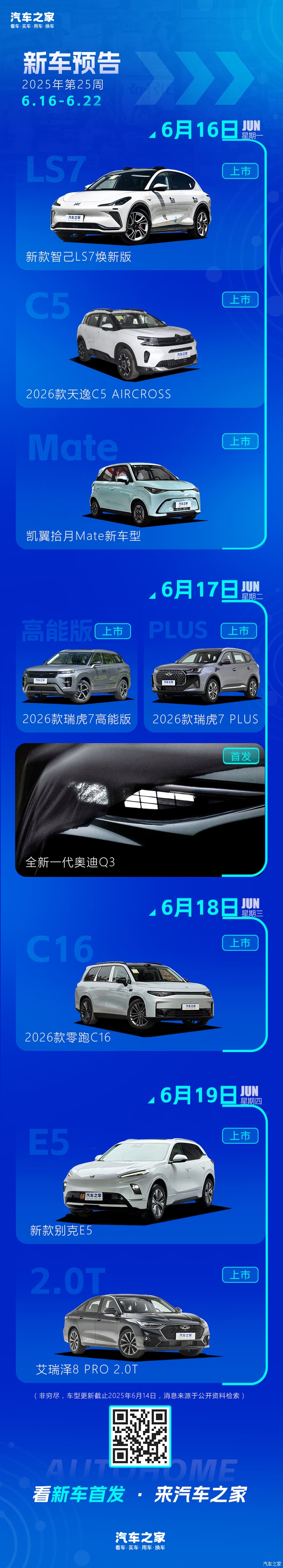 全新奥迪Q3/2026款零跑C16等 2025年第25周（6.16-6.22）新车预告